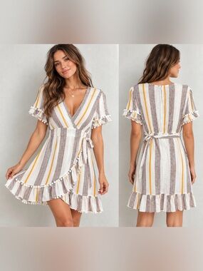 Simple Striped Wrap Midi Dress - White, Brown & Mustard, Cotton, PP20 L37
